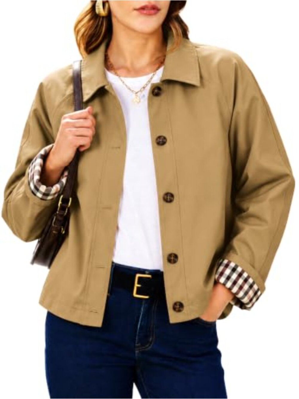 Womens Crop Trench Coat with Plaid Lining Single Breasted Fall Jackets with